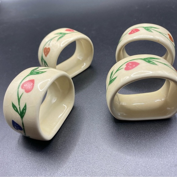 NAPKIN RINGS Vintage Porcelain Floral Hearts Green Leaves Napkin Rings Set Of 4 - Picture 6 of 7